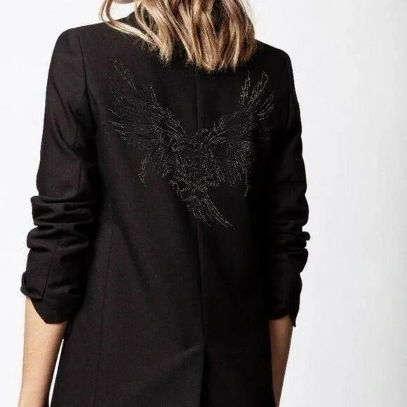 Zadig & Voltaire Bird Studded Back Black 2 Button Blazer Jacket size small - Picture 1 of 9